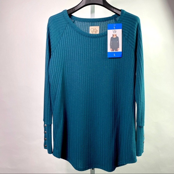 Teal Blue Waffle Knit Top, Raglan Sleeves, Tunic Length Soft & Cozy, Chaser, New - Picture 6 of 12